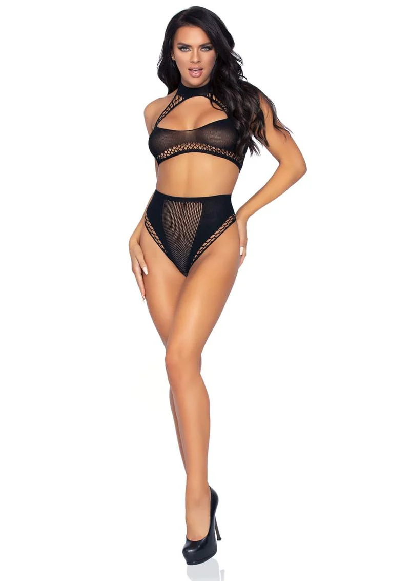 Keyhole Net Halter Crop Top and High Waist Bottoms