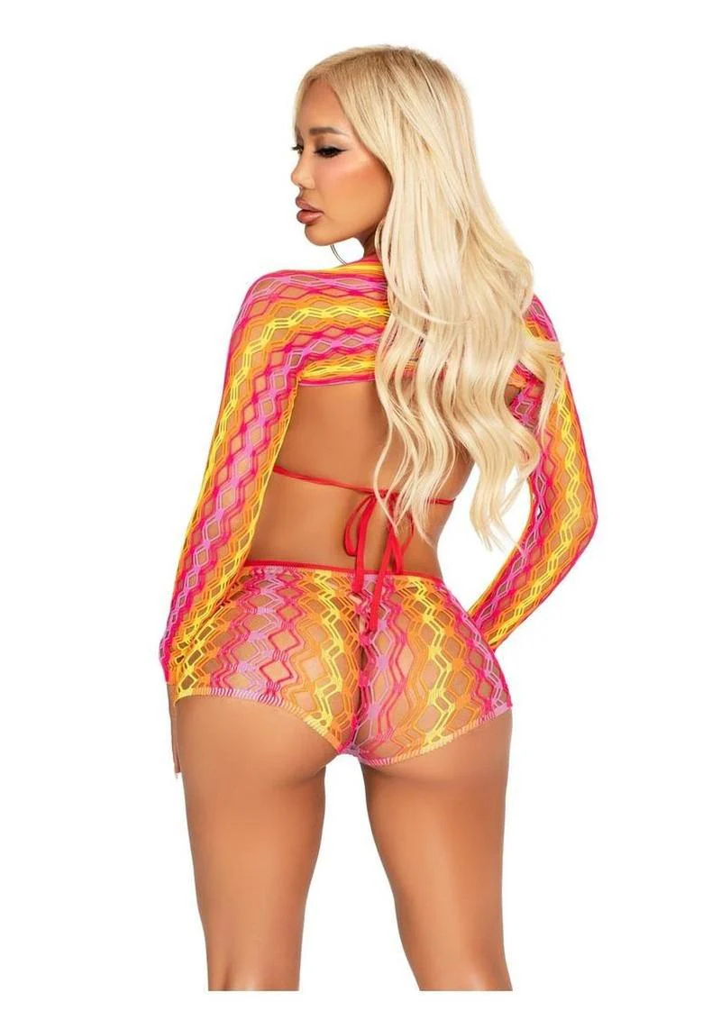 Vibrant Zig Zag Net Bikini Top, Boyshorts, and Shrug - Image 3